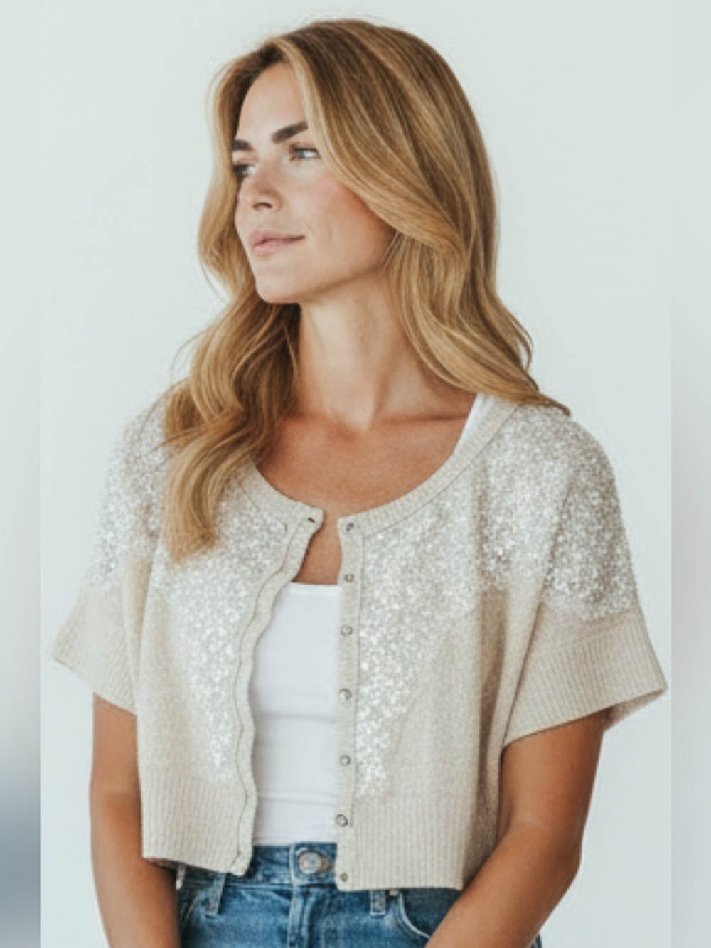Free People RARE Vintage Sequined Cropped  Cardigan Top